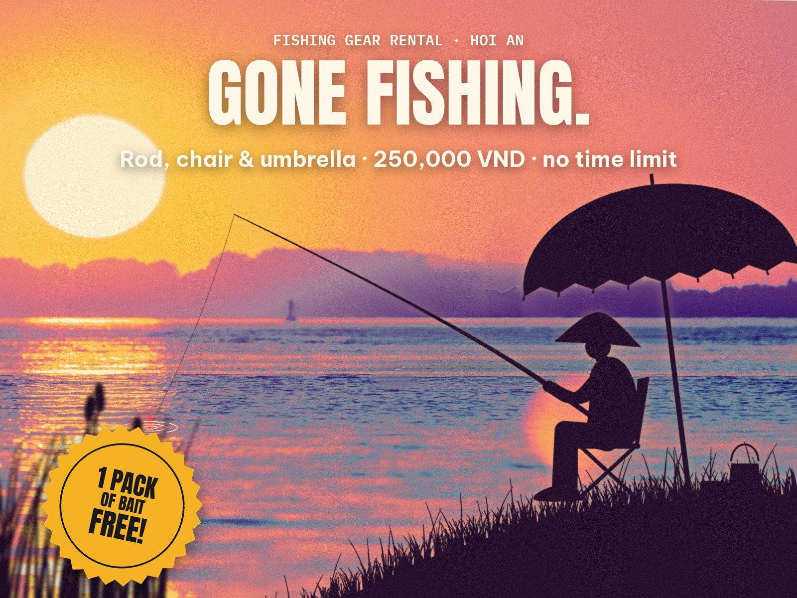 Angler am Fluss bei Sonnenuntergang mit Schirm und Klappstuhl, Hinweis: 1 Packung Köder gratis